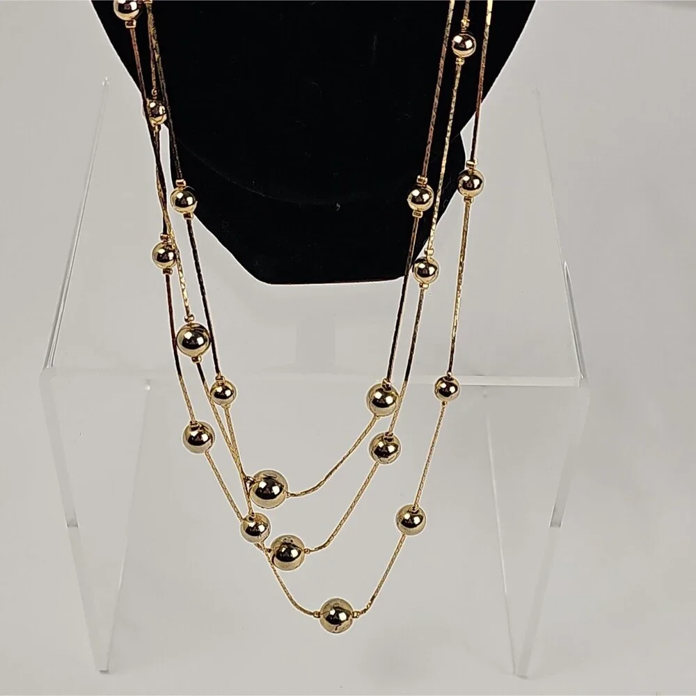 Vintage Gold Tone Multi Strand Ball Station Snake Chain Necklace 28